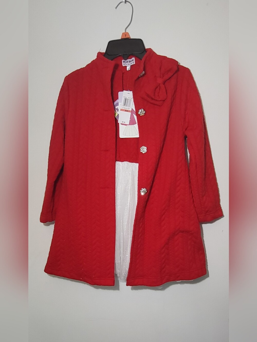 NWT Blueberi Boulevard Girls 2-pc Jacket Dress Size 7 Red White Bow
